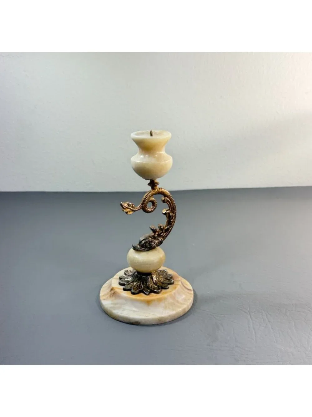 Vintage Onyx Marble Brass Dolphin Candlestick Hollywood Regency Pricket 8